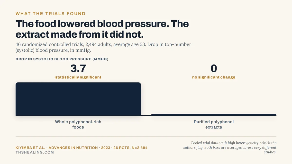 Bar chart comparing whole polyphenol-rich foods, which lowered systolic blood pressure by 3.7 mmHg, with purified extracts, which produced no significant change