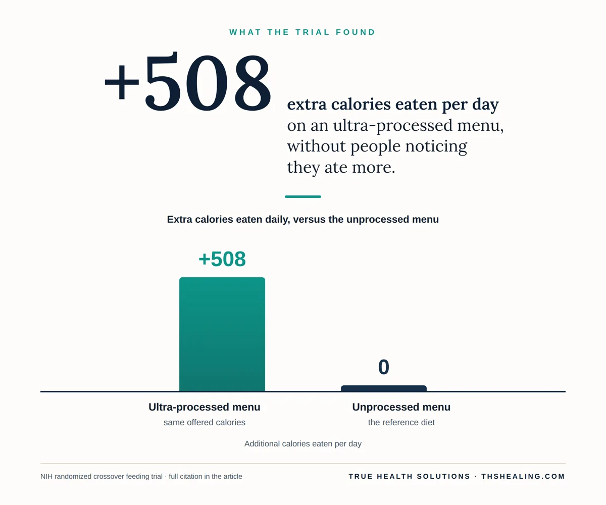 Chart: people ate 508 more calories a day on the ultra-processed menu than on the unprocessed one