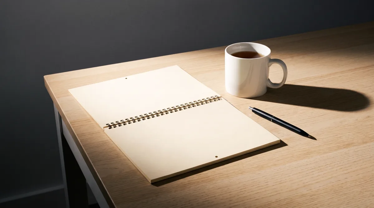 An open blank spiral notepad, a pen and a mug of tea on a wooden table in morning light