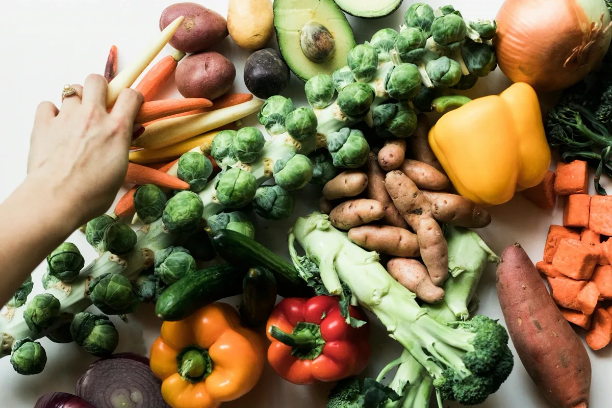 Whole vegetables laid out on a table