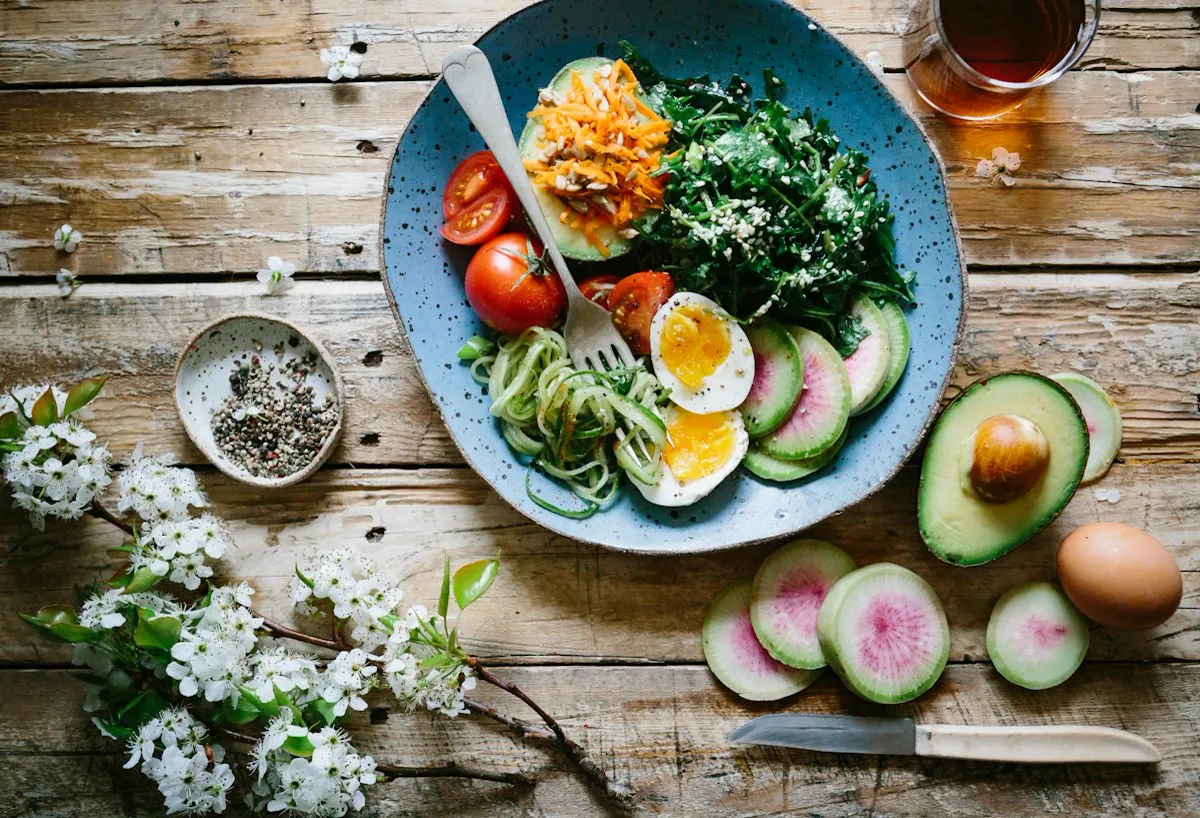 Whole foods on a wooden table